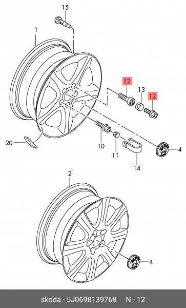 Tornillo de rueda, Antirrobo, llave con código ORIGINAL SKODA 5J0698139768