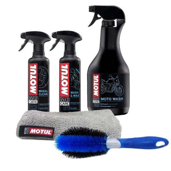 Kit MOTUL Lmpieza de MOTO o SCOOTER MC CARE E1 + E2 + E3 + Gamuza microfibra + Cepillo llantas