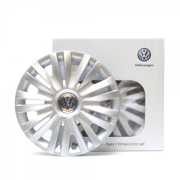 Juego (4 udes) Embellecedores plateados llantas tapacubos 15 pulgadas ORIGINAL VW 5K0071455
